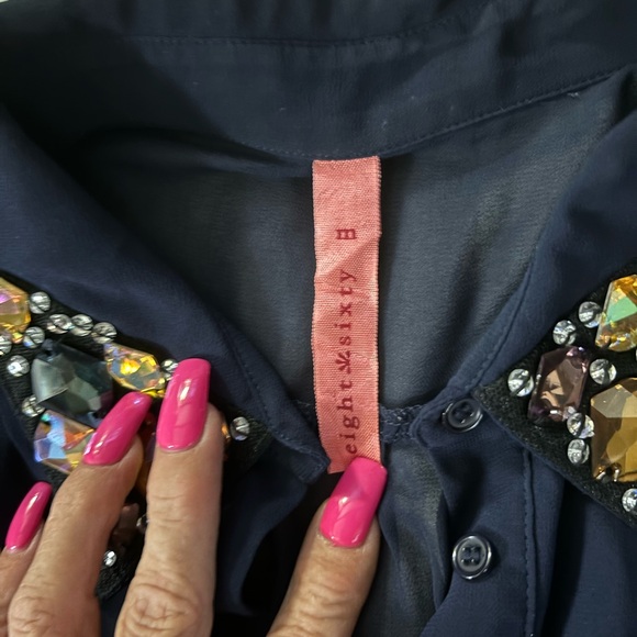 Eight Sixty Sleeveless Sheer Navy Blouse with multi-color stones on collar - Picture 4 of 5
